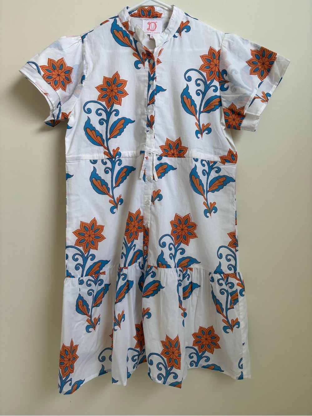 Victoria Dunn White Cotton Dress with Blue and Orange Floral Motif